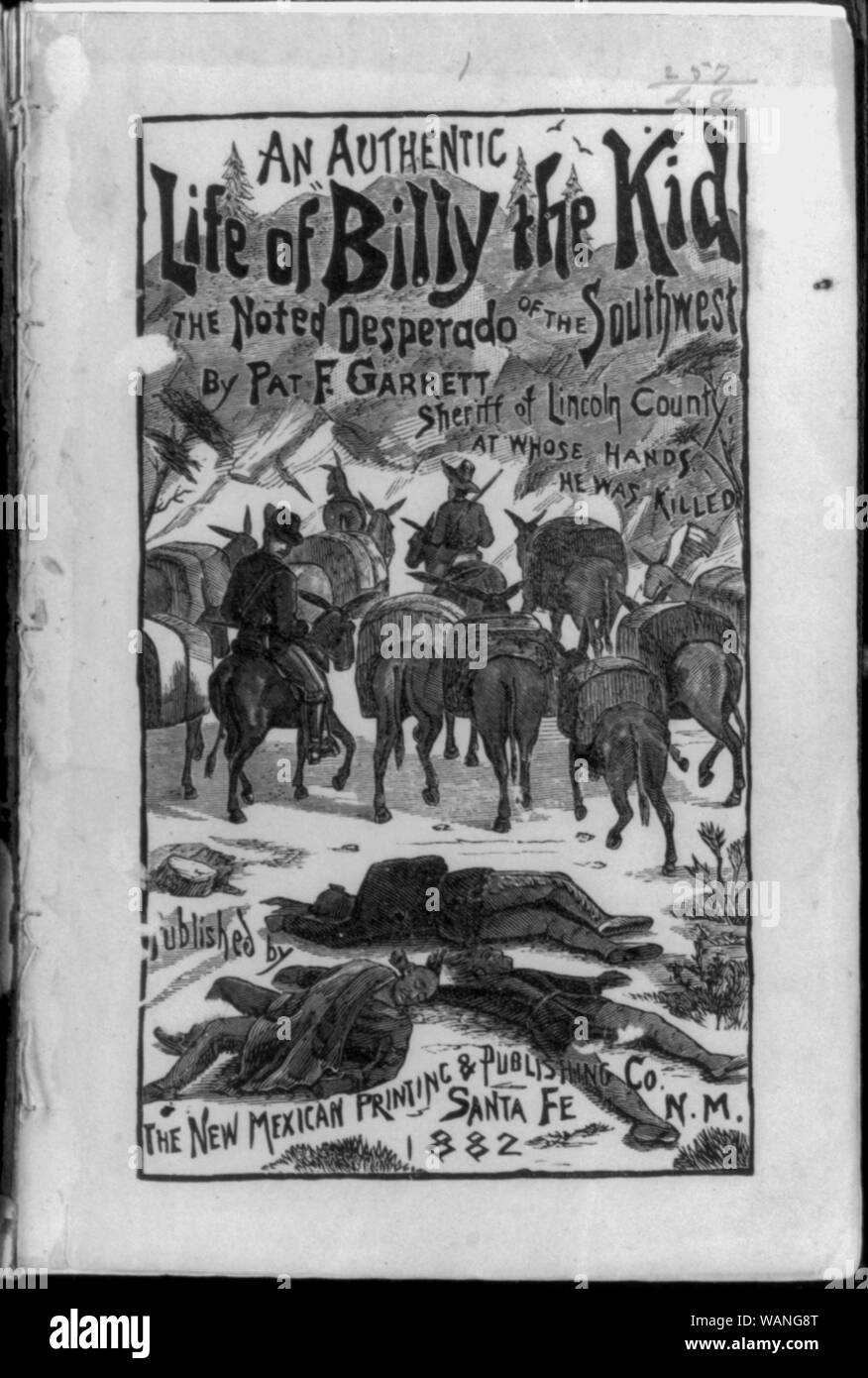 Coperchio del F. Pat Garrett, un autentica vita di Billy the Kid, il notare Desperado del sud-ovest, illustrata con 2 uomini con i cavalli cavalcare lontano da cadaveri distesi sul terreno Foto Stock