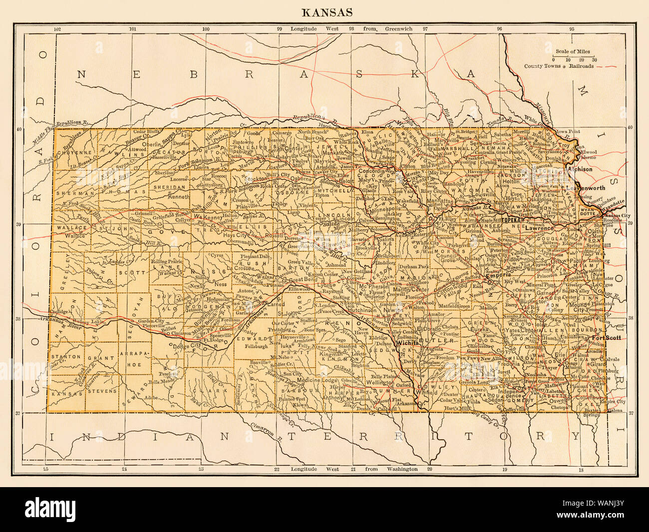 Mappa di Kansas, 1870s. Colore stampato llithograph Foto Stock