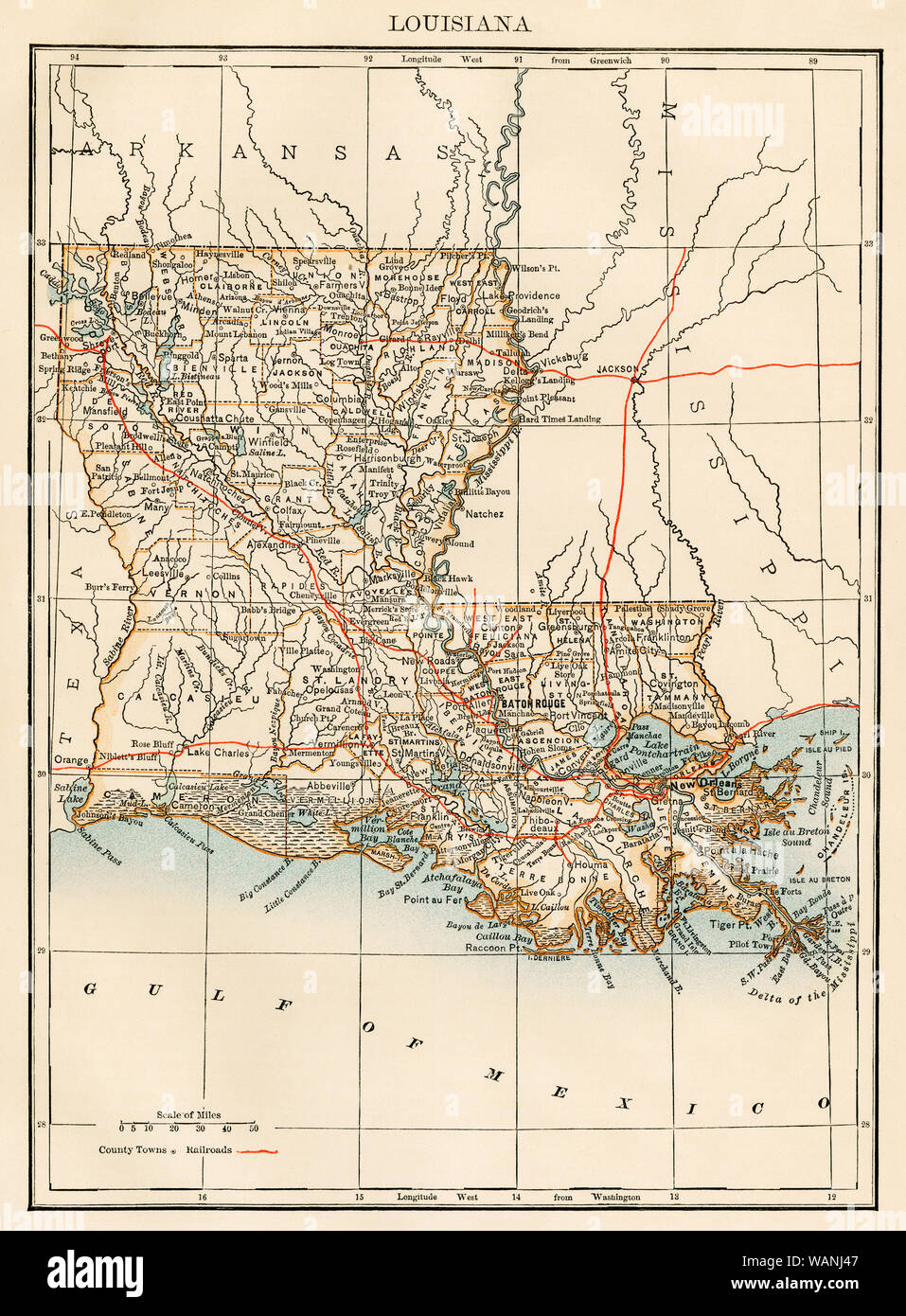 Mappa della Louisiana, 1870s. Stampa Litografia a colori Foto Stock
