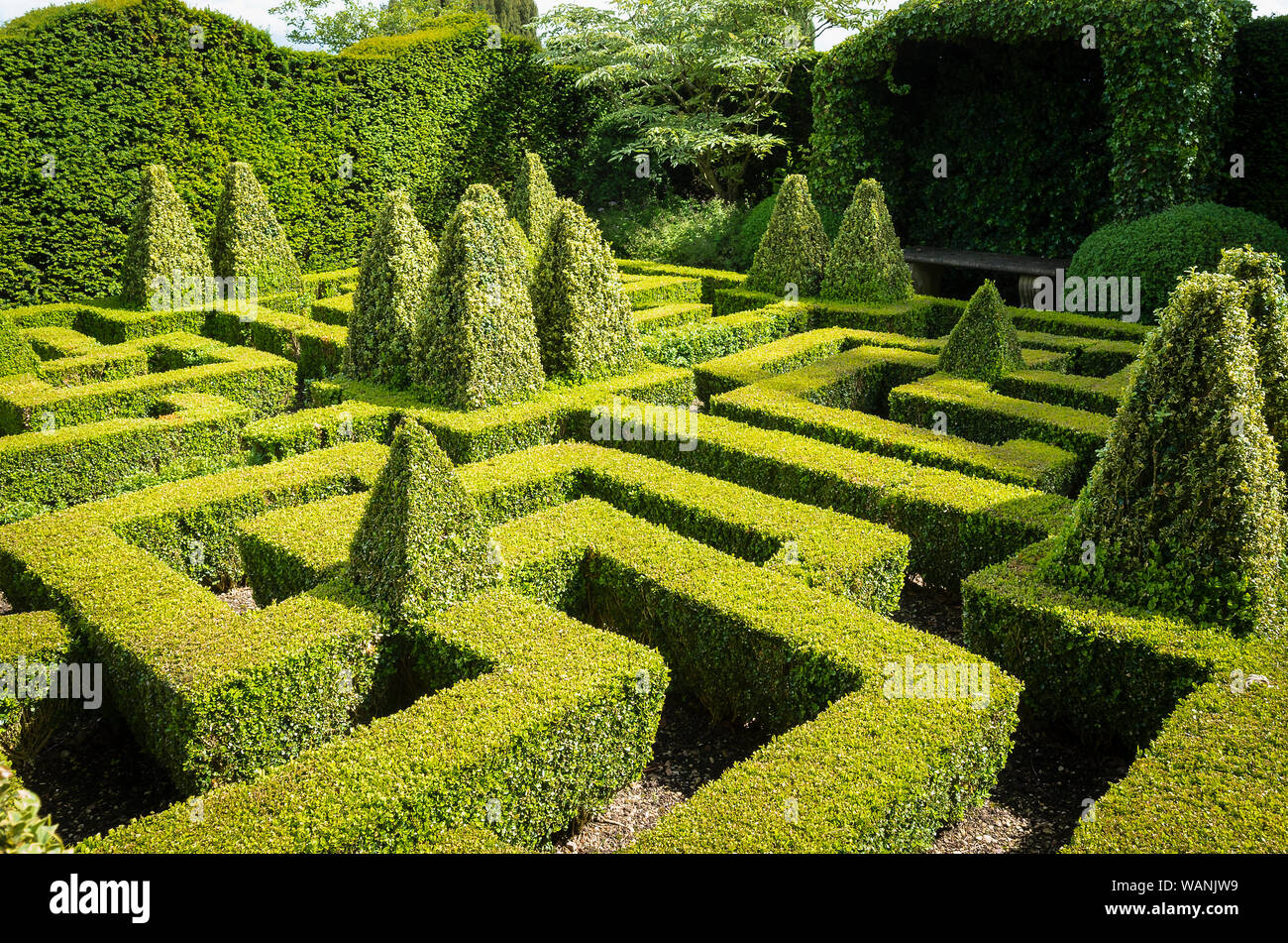 Casella di formale giardino labirinto a Bourton House in Cotswolds dando una riposante evergreen la calma di questo giardino Inglese UK Foto Stock