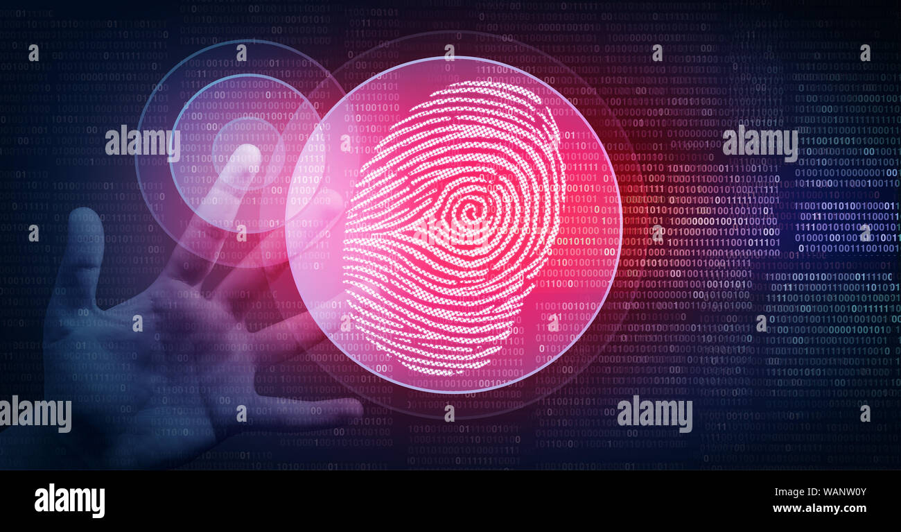 Sicurezza biometrica e concetto di identità digitale come una scansione di impronte digitali tecnologia cibernetico in un 3D illustrazione dello stile. Foto Stock