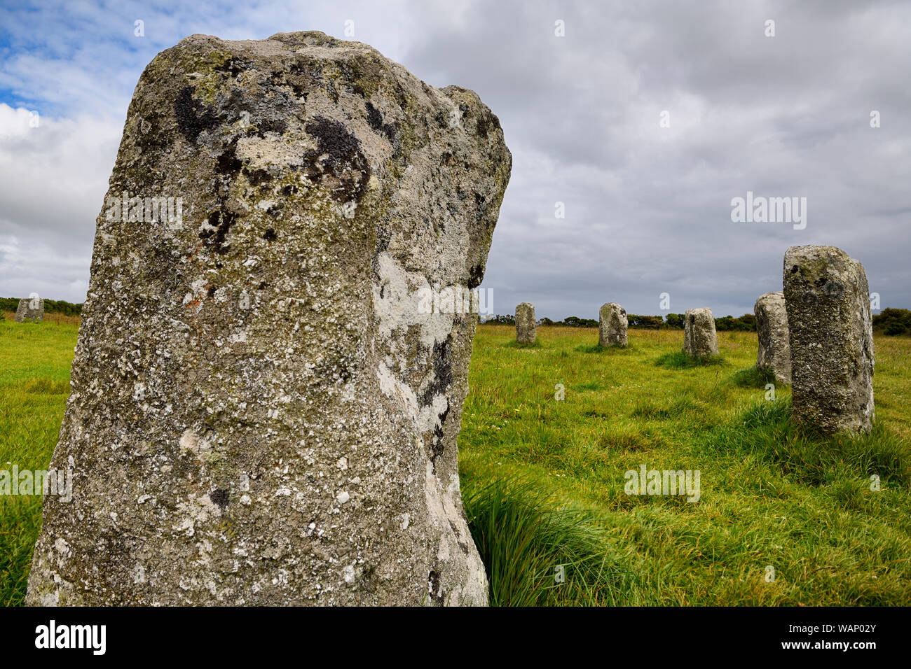 Civiltà Megalitica di granito in allegre fanciulle del neolitico Boleigh stone circle Cornwall Inghilterra Foto Stock