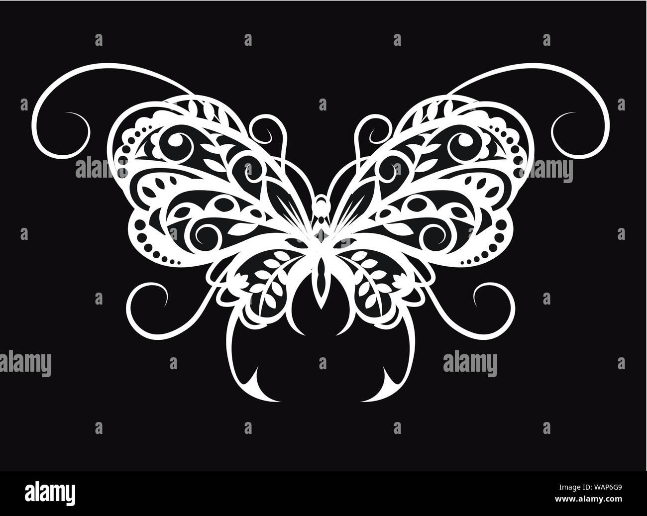 Vytynanka - una silhouette in bianco nero butterfly da elementi di modello. Illustrazione Vettoriale