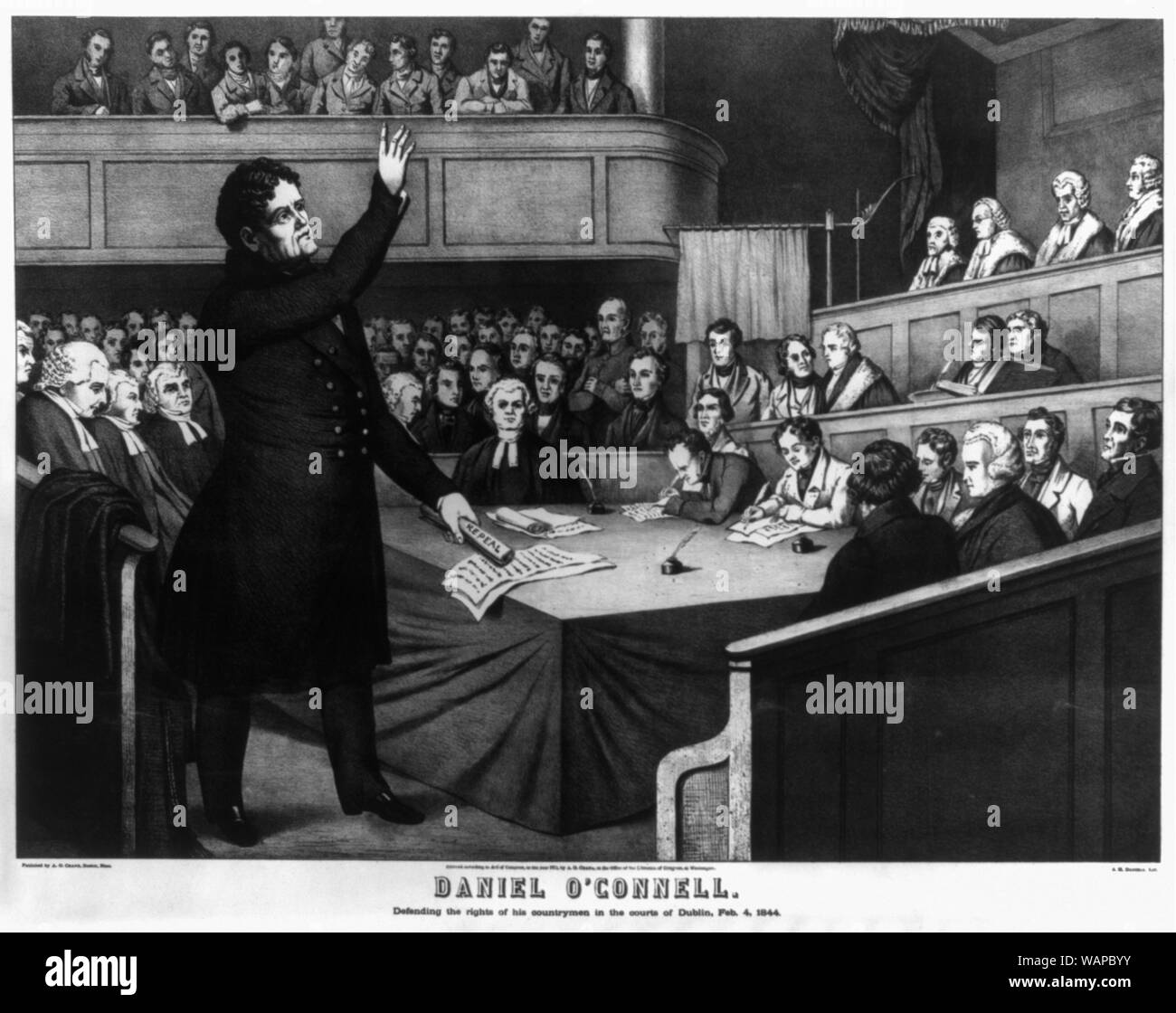 Di Daniel O'Connell - difendere i diritti dei suoi compatrioti nei tribunali di Dublino, febbraio 4, 1844 Abstract: Stampa Mostra di Daniel O'Connell, full-length, piedi, sostenendo per l abrogazione della legge dell'Unione. Foto Stock