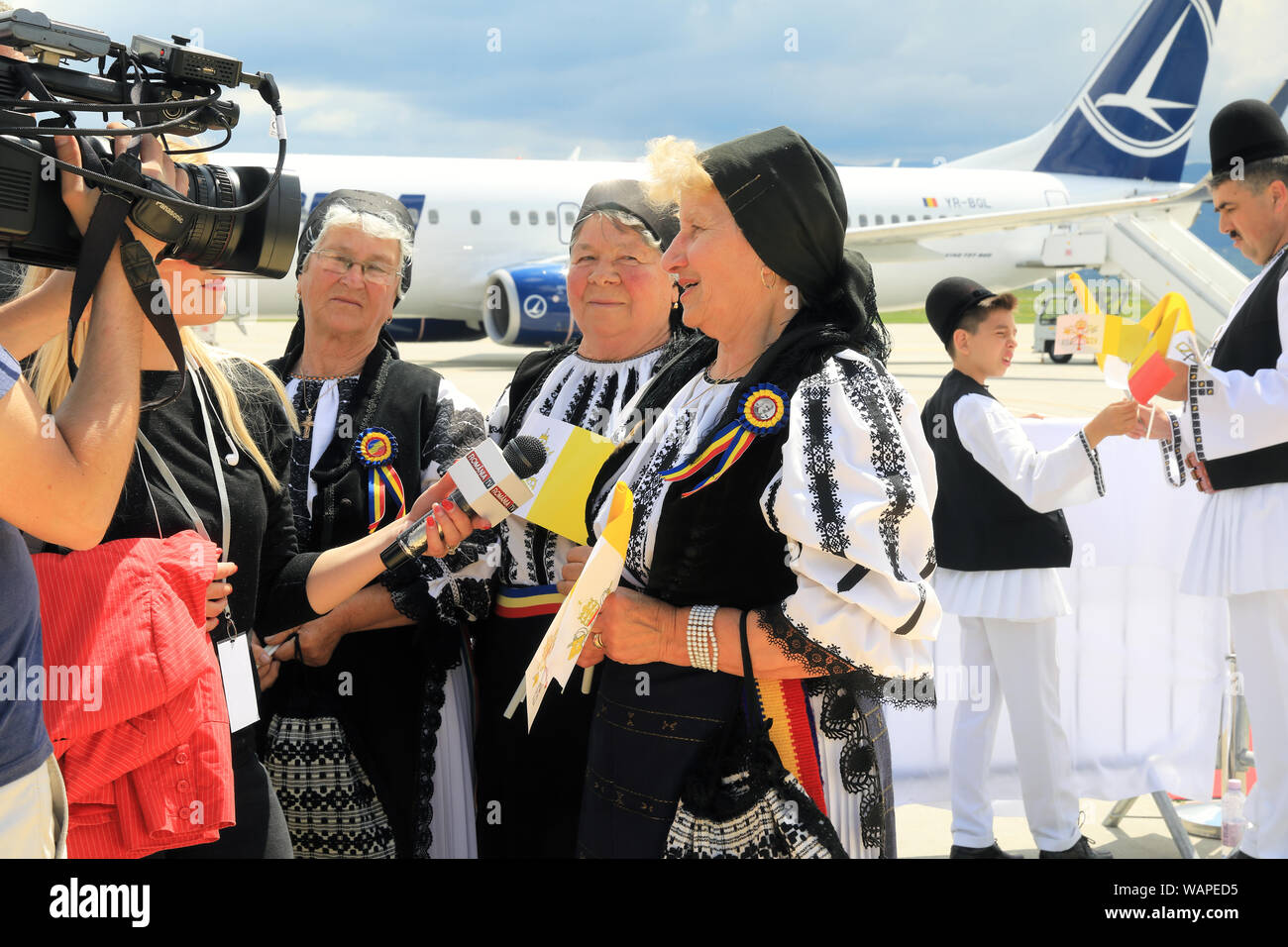 Papa Francesco della visita in Romania nel maggio 2019, a Sibiu Aeroporto. Foto Stock