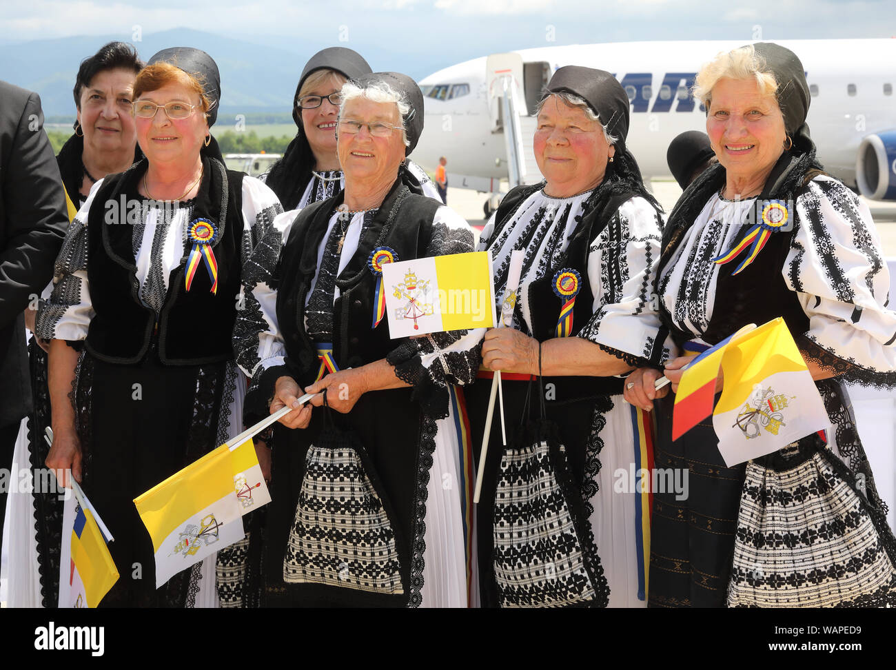 Papa Francesco della visita in Romania nel maggio 2019, a Sibiu Aeroporto. Foto Stock