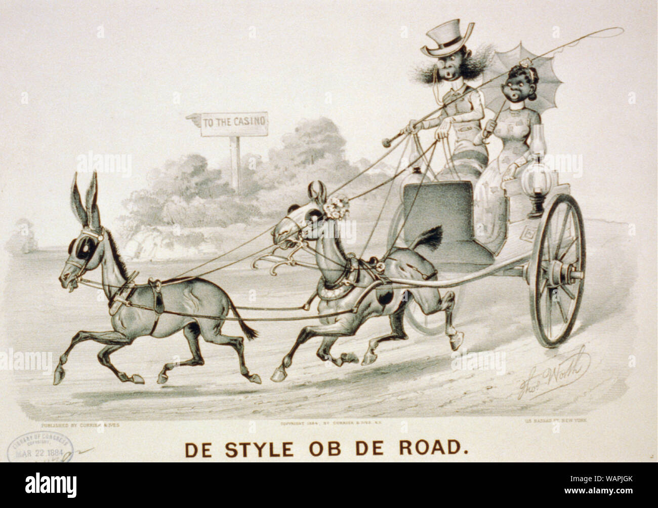 De style ob strada de Abstract: stampa mostra un elegante vestito americano africano giovane in sella ad una carrozza trainata da un asino e di un cavallo con un segno in background rivolto al Casino. Foto Stock