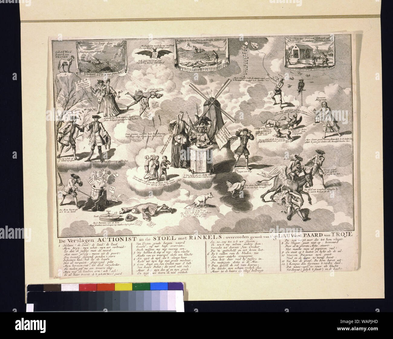 De verslagen actionist in de stoel incontrato rinkels, overreeden geweest van't geLauwerd Paard van Troje Abstract: questa satira inciso sulla South Sea Company e di altri regimi di bolla di 1720, e poco prima, è No. 38 in vol i. di Het Groote Tafereel der Dwaasheid, una raccolta di satire olandese sui regimi in questione... (Fonte: Stephens) Foto Stock