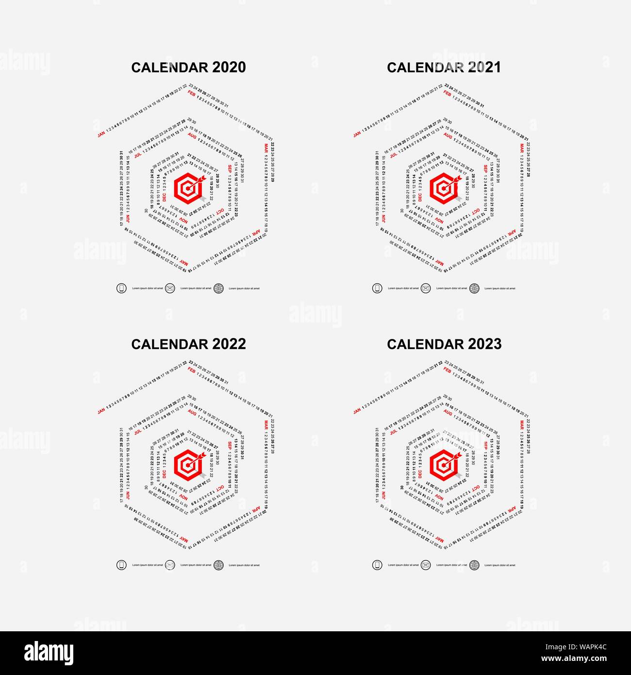 Il calendario 2020, 2021,2022 e 2023 Calendario modello.di forma esagonale calendario.calendario annuale vector design modello di cancelleria.illustrazione vettoriale. Illustrazione Vettoriale