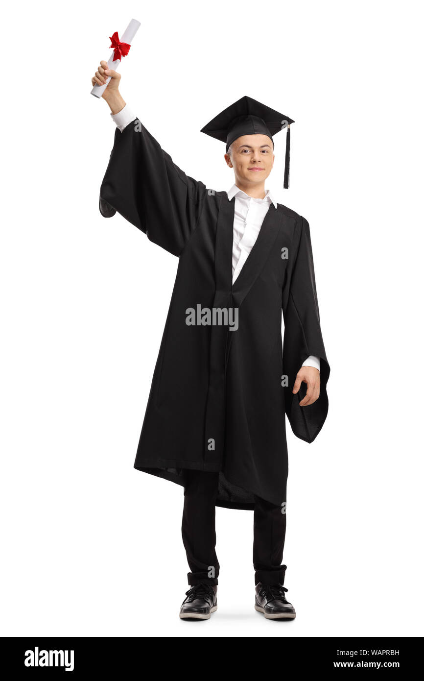A piena lunghezza Ritratto di un felice giovane maschio studente laureato in possesso di un diploma isolati su sfondo bianco Foto Stock