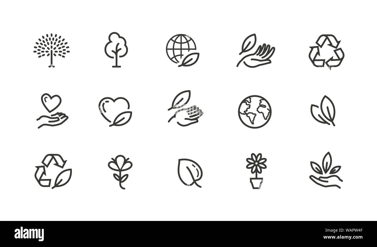 Ecologia, set di icone della linea ambientale. Logo vettoriale di raccolta con profilo nero per la progettazione di siti Web o applicazioni mobili Illustrazione Vettoriale