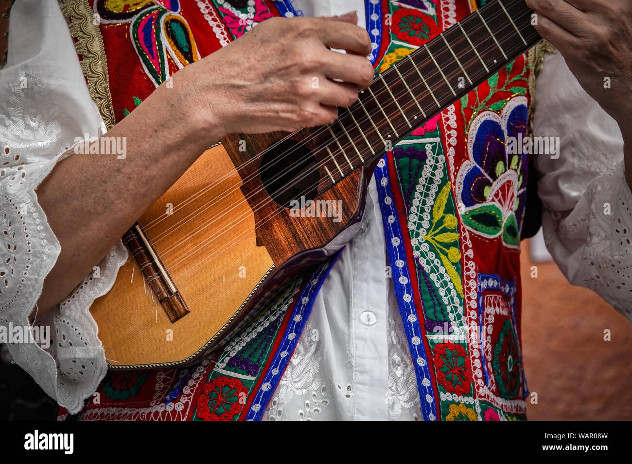 Un chitarrista suona con il tradizionale Peruviano band un Festival Latino a Tokyo in Giappone. Foto Stock