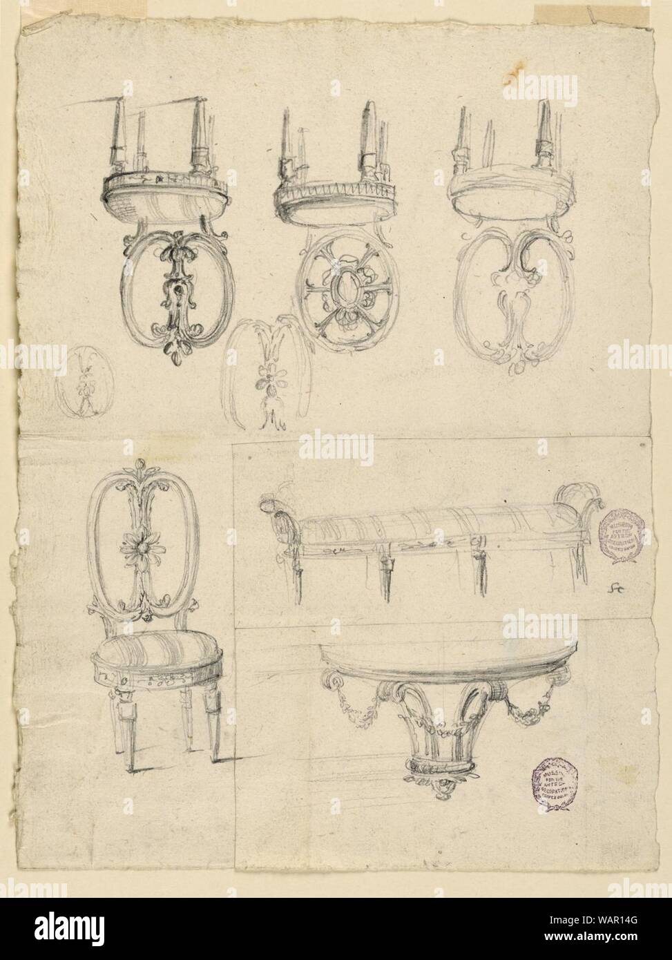 Disegno, sedie e bozzetti architettonici, 1785-1795 Foto Stock