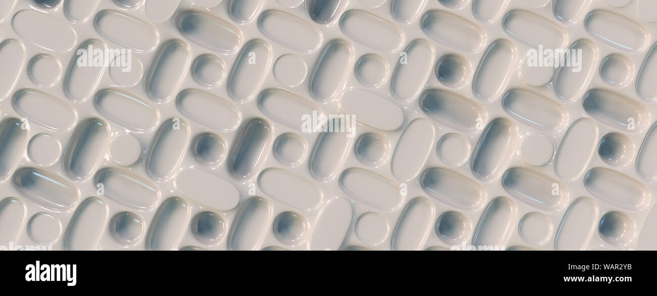 Illustrazione di Banner con abstract 3d round lucido modello di capsula e nero riflettente texture plastica, panoramica. Foto Stock