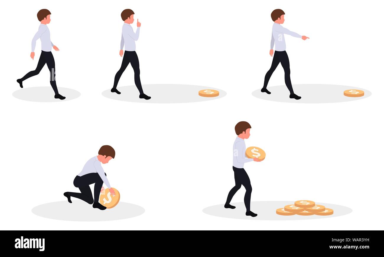 L uomo e il dollaro in oro monete, character set di icone in stile appartamento, guy trattiene e pile denaro illustrazione vettoriale Illustrazione Vettoriale