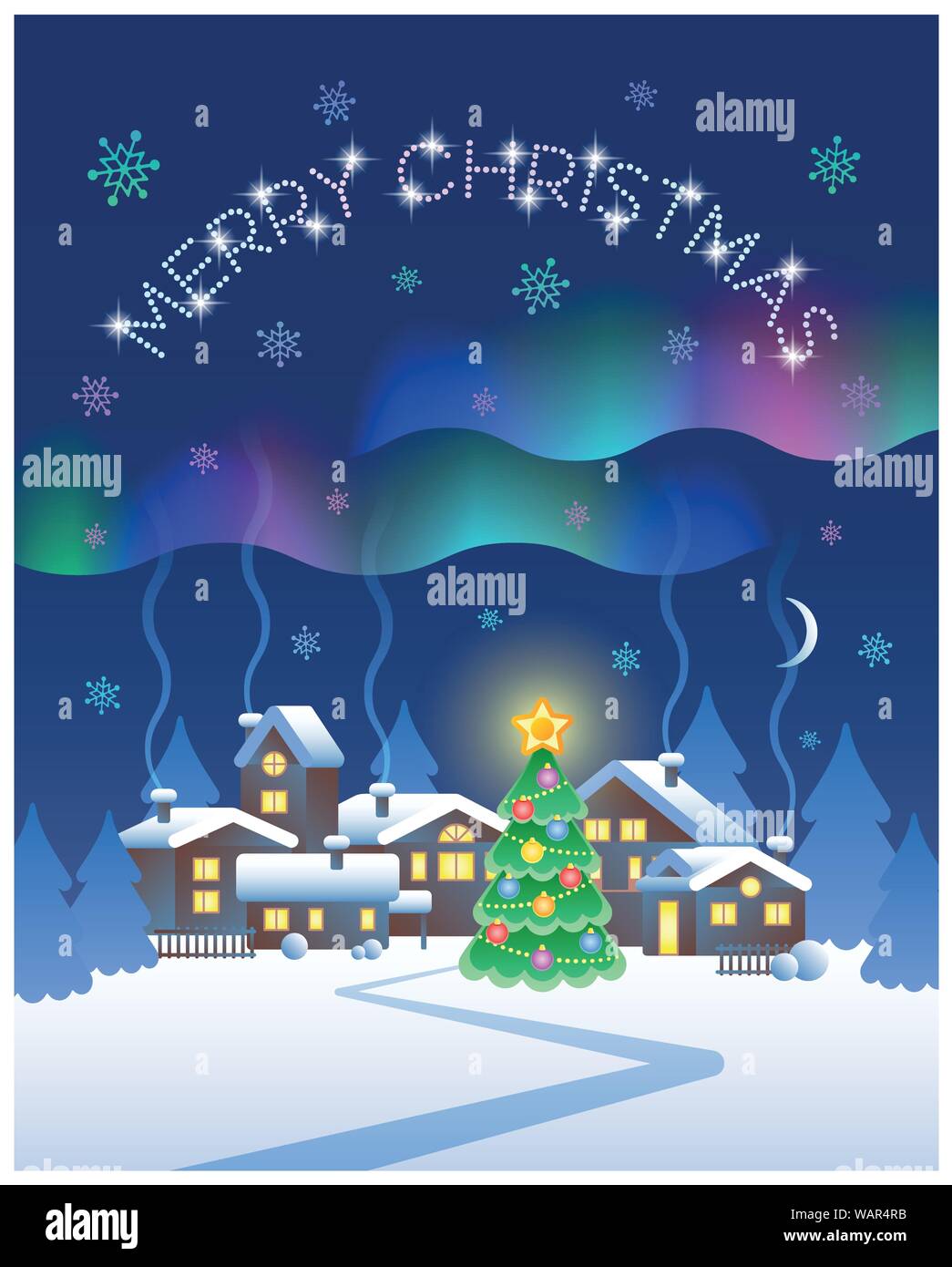 Auguri di Buon Natale. Aurora Boreale nel cielo di notte sopra il villaggio  di inverno e albero di Natale. Illustrazione Vettoriale Immagine e  Vettoriale - Alamy