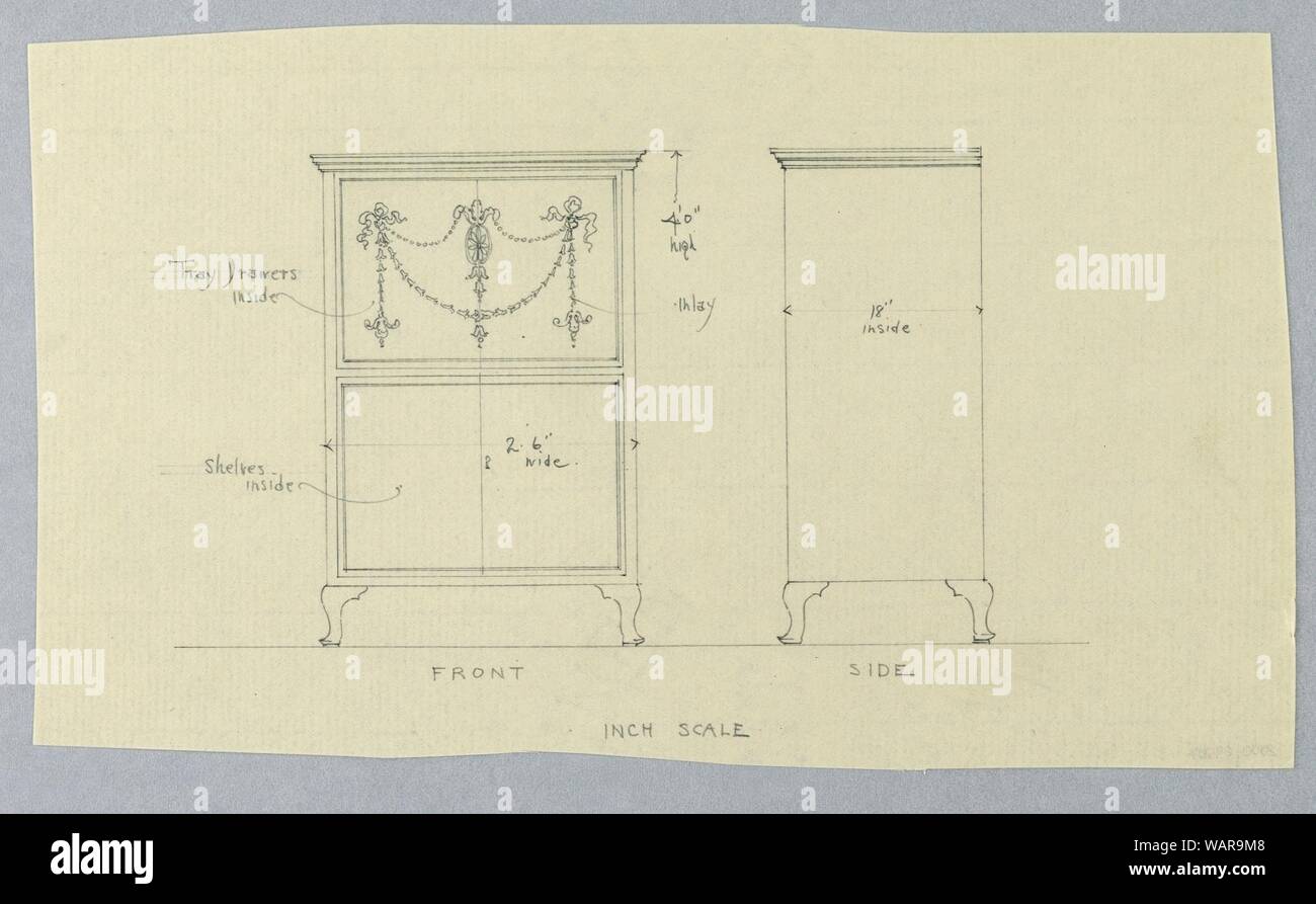 Il disegno per il cabinet con motivi neoclassico, viste frontale e laterale, 1900-05 Foto Stock