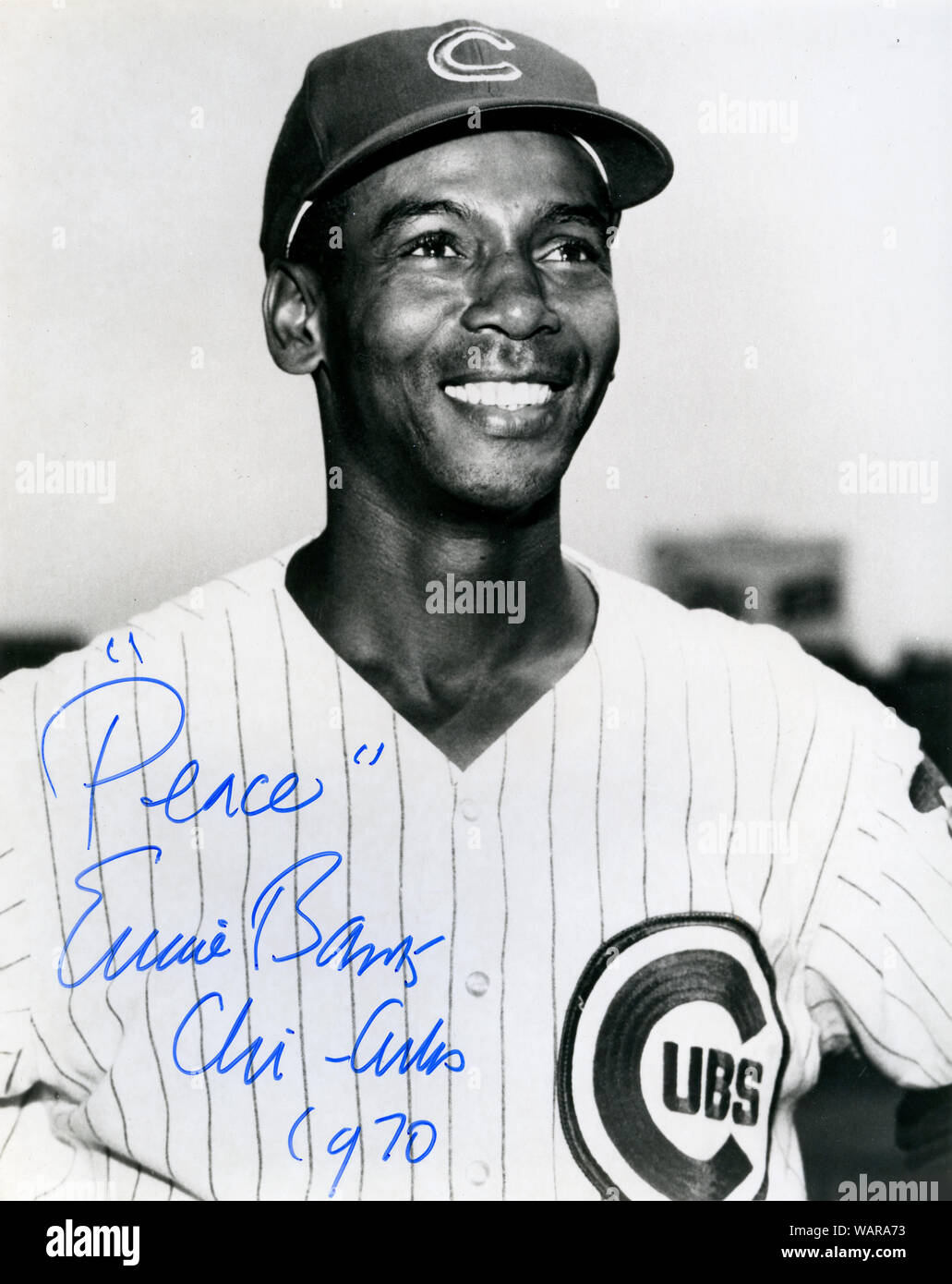 Foto autografate di Hall of Fame giocatore di baseball Ernie rive del Chicago Cubs Foto Stock