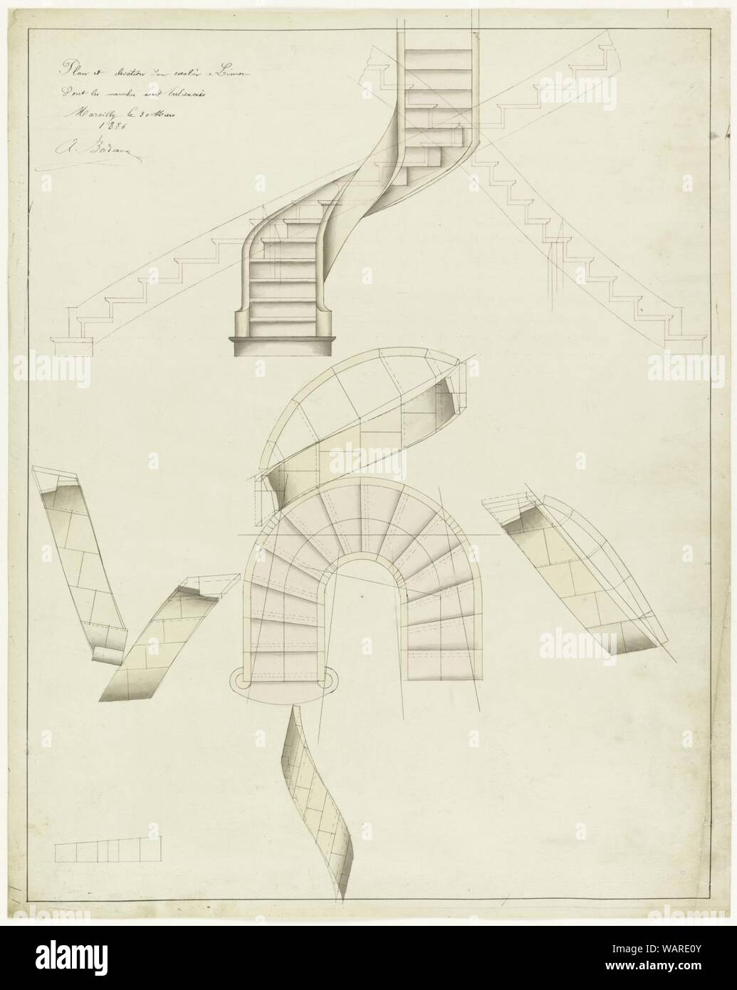 Disegno, elevazione e la vista in pianta di una scala a chiocciola, 30  marzo 1886 Foto stock - Alamy