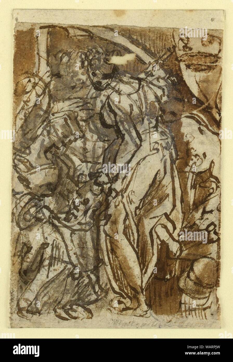 Disegno, pagina di un taccuino; Giuditta con la testa di Oloferne e scudo con divinità greche, ca. 1590 Foto Stock