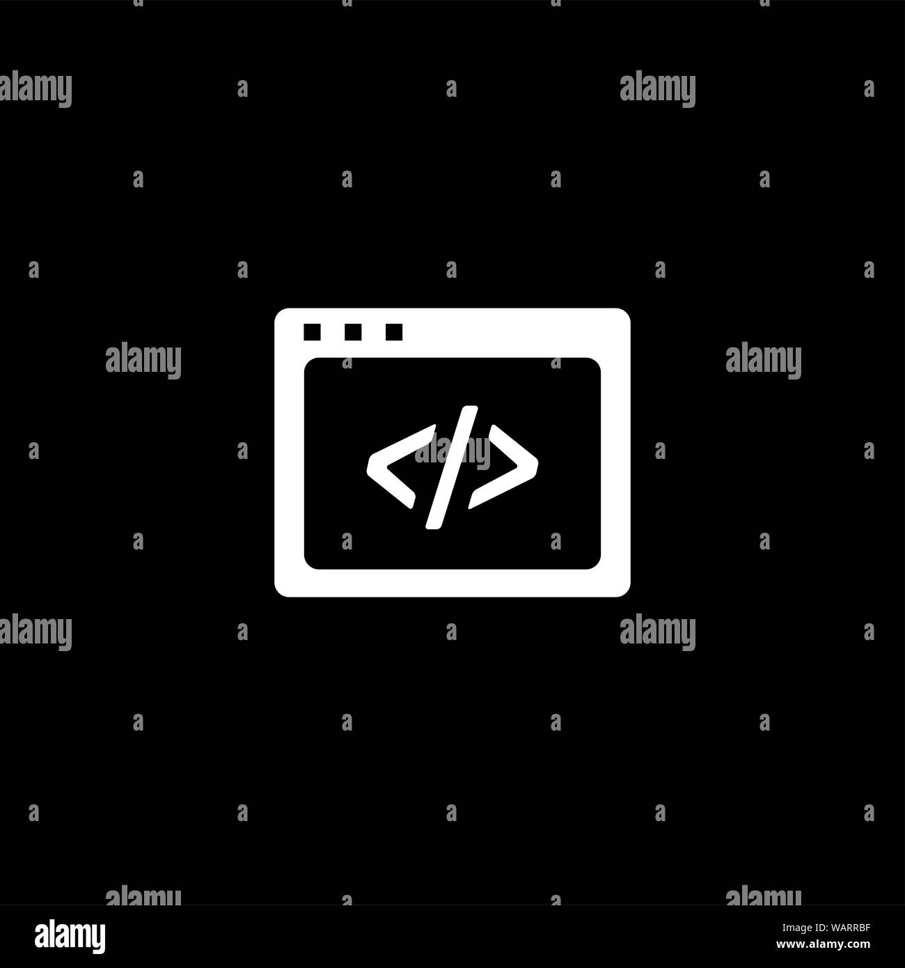 Pagina Web Icona Codice su sfondo nero. Nero stile piatto illustrazione vettoriale. Foto Stock