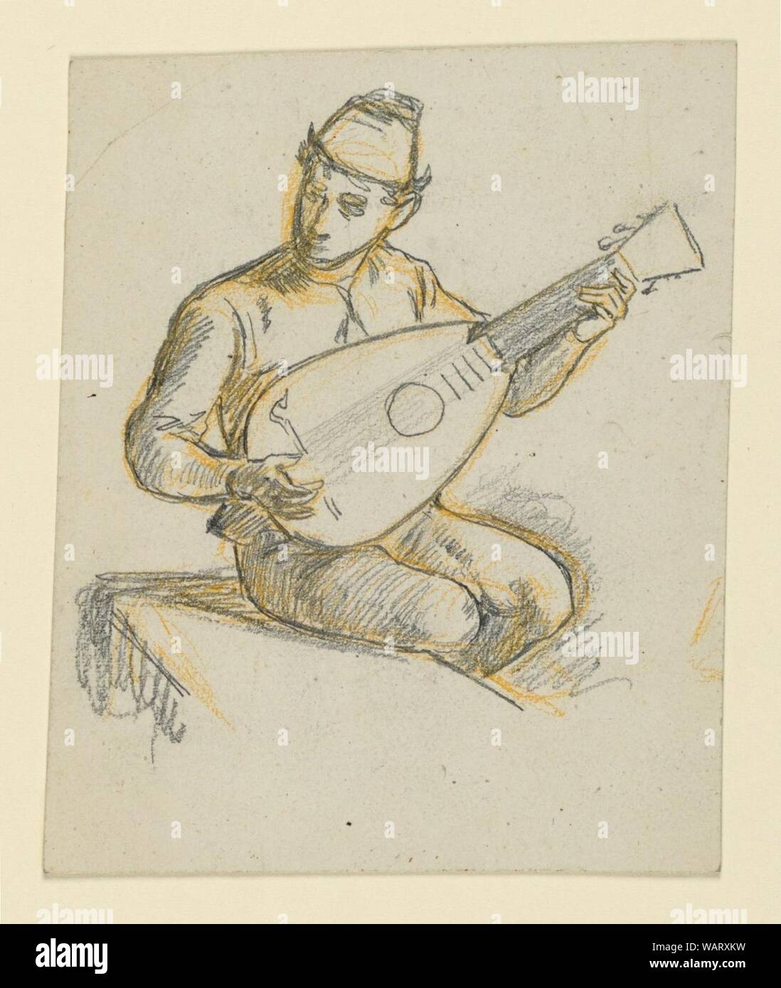 Disegno, ragazzo seduto a giocare un liuto, ca. 1890 Foto Stock