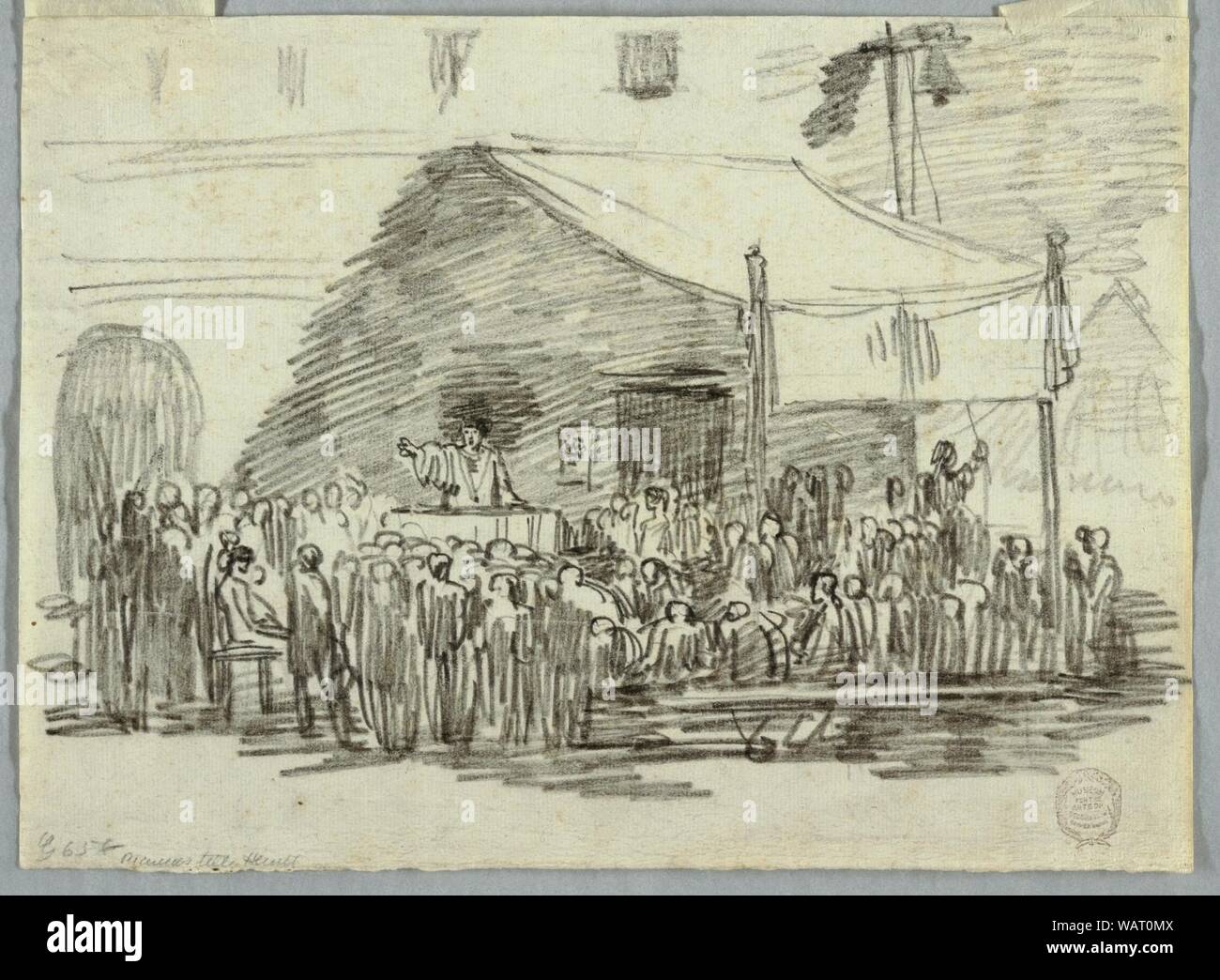 Disegno, altoparlante nel XVI secolo costumi rivolgendosi a una folla, ca. 1794 Foto Stock