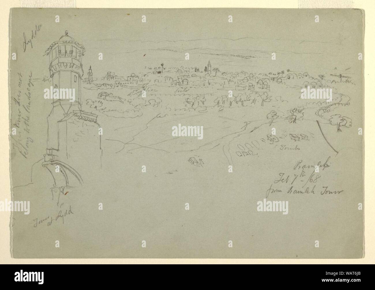 Disegno, Torre a Lydda e Ramleh visto da Ramleh Tower, Palestina (Ramleh, Israele), il 7 febbraio e 10, 1868 Foto Stock