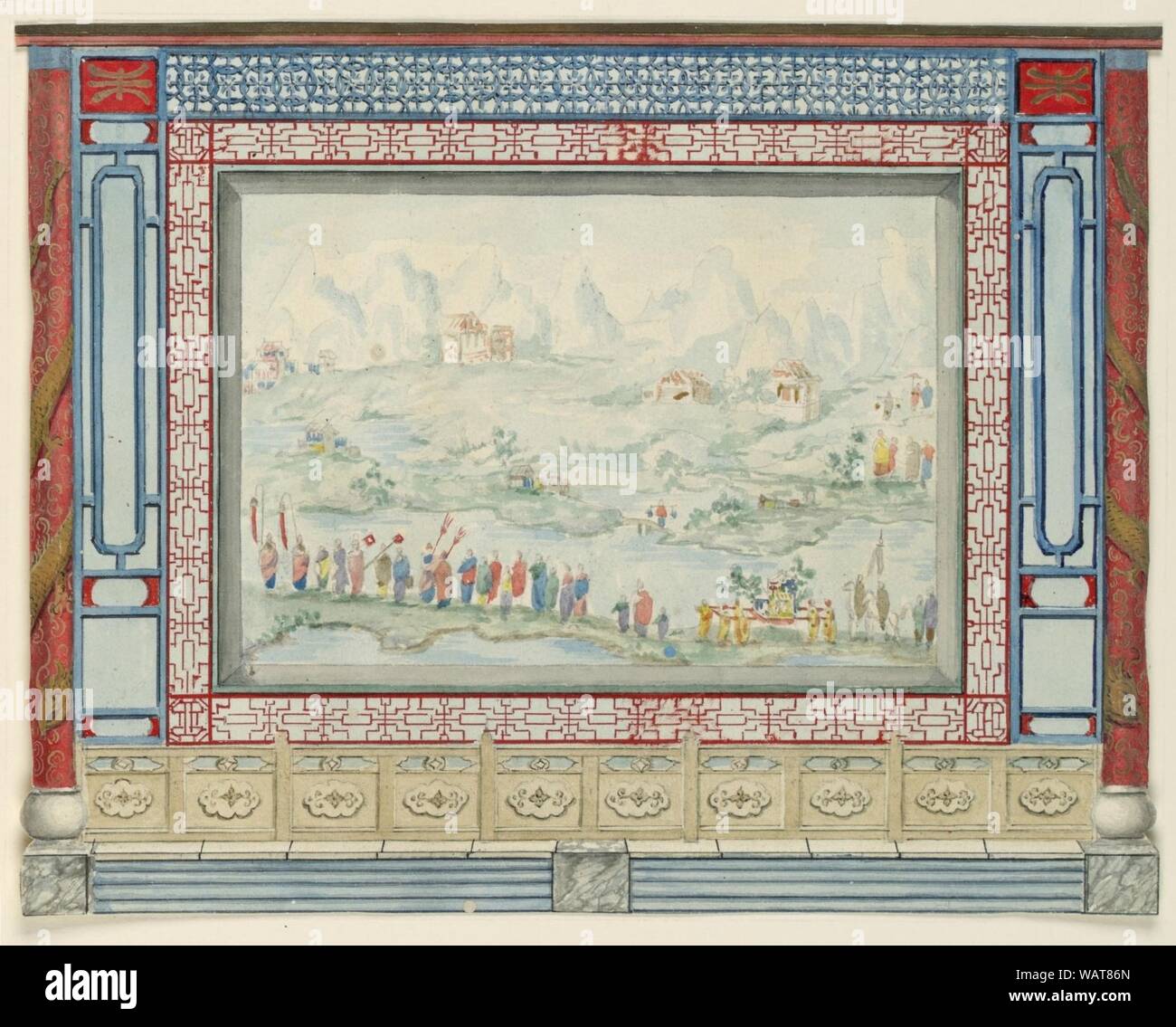Disegno, Decorazione murale con paesaggio orientale, probabilmente per camera Conservatory-Music, Royal Pavilion, Brighton, 1815-22 Foto Stock