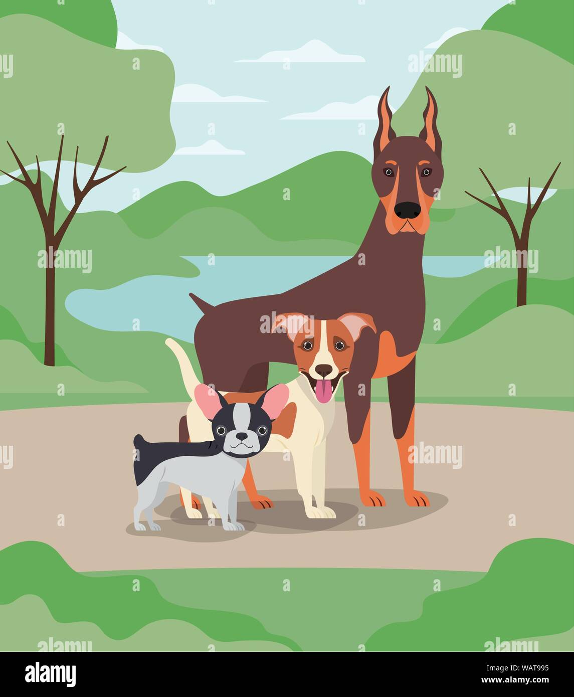 Gruppo di cani animali domestici nel campo Caratteri Illustrazione Vettoriale