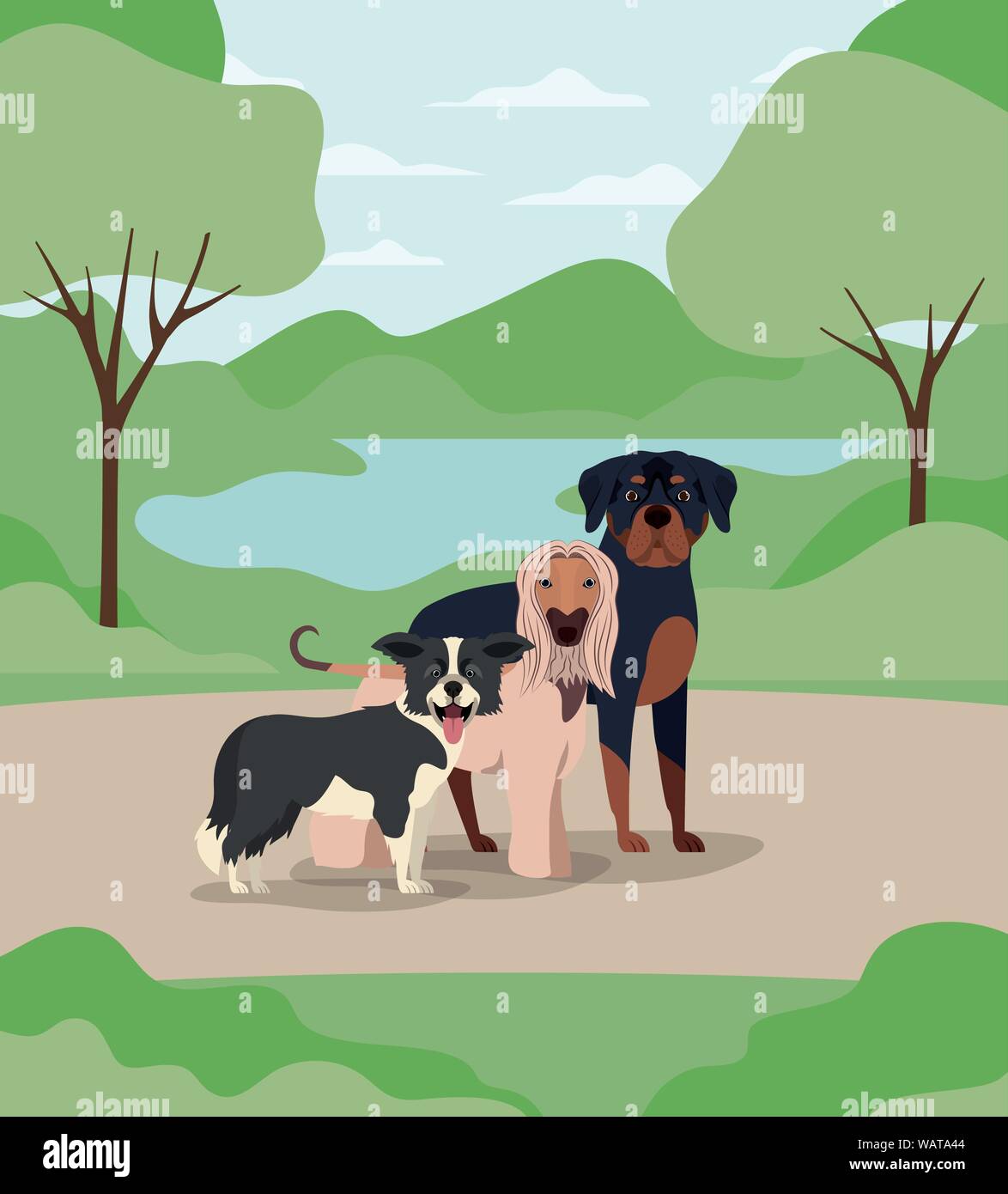 Gruppo di cani animali domestici nel campo Caratteri Illustrazione Vettoriale