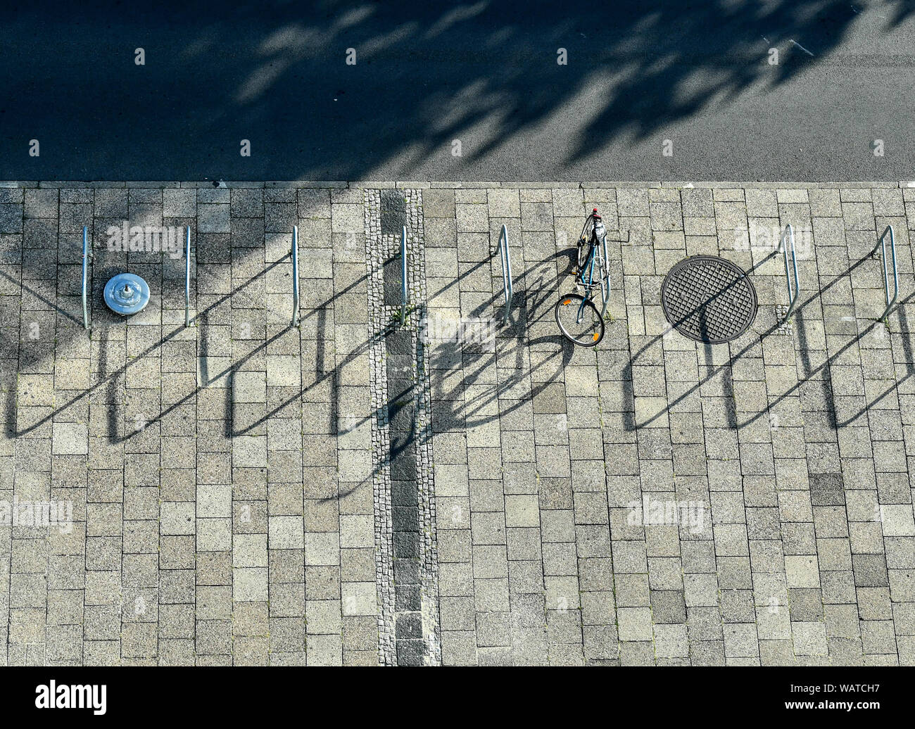 Berlino, Germania. 19 Ago, 2019. Una bicicletta è parcheggiata sul marciapiede della Alexanderstraße ad Alexanderplatz. Biciclette gettato ombre lunghe nel pomeriggio come il sole tramonta. Credito: Jens Kalaene/dpa-Zentralbild/ZB/dpa/Alamy Live News Foto Stock