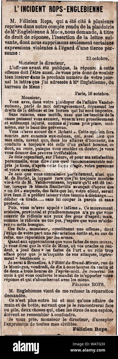 Droit de réponse Félicien Rops - La Réforme - 24 août 1886. Foto Stock
