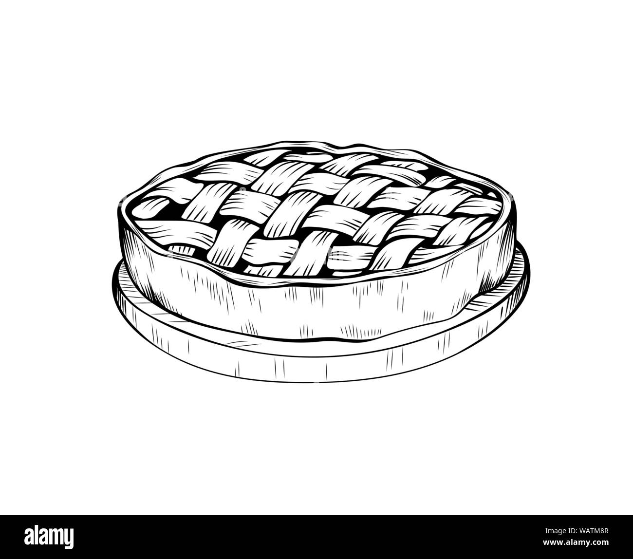 La torta di mele disegnati a mano illustrazione vettoriale. La stagione autunnale vacanza, la Giornata del ringraziamento sketch simbolo. Tradizionale cottura fatti in casa con ripieno delizioso disegno monocromatico. Pasticceria, panetteria logotipo Illustrazione Vettoriale