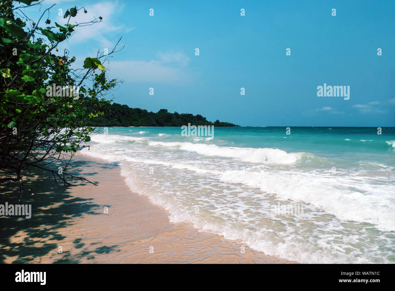 Bellissima spiaggia di sabbia bianca di isola di Cerf bay, Seychelles, con alberi di palma e da una collina rocciosa. Foto Stock