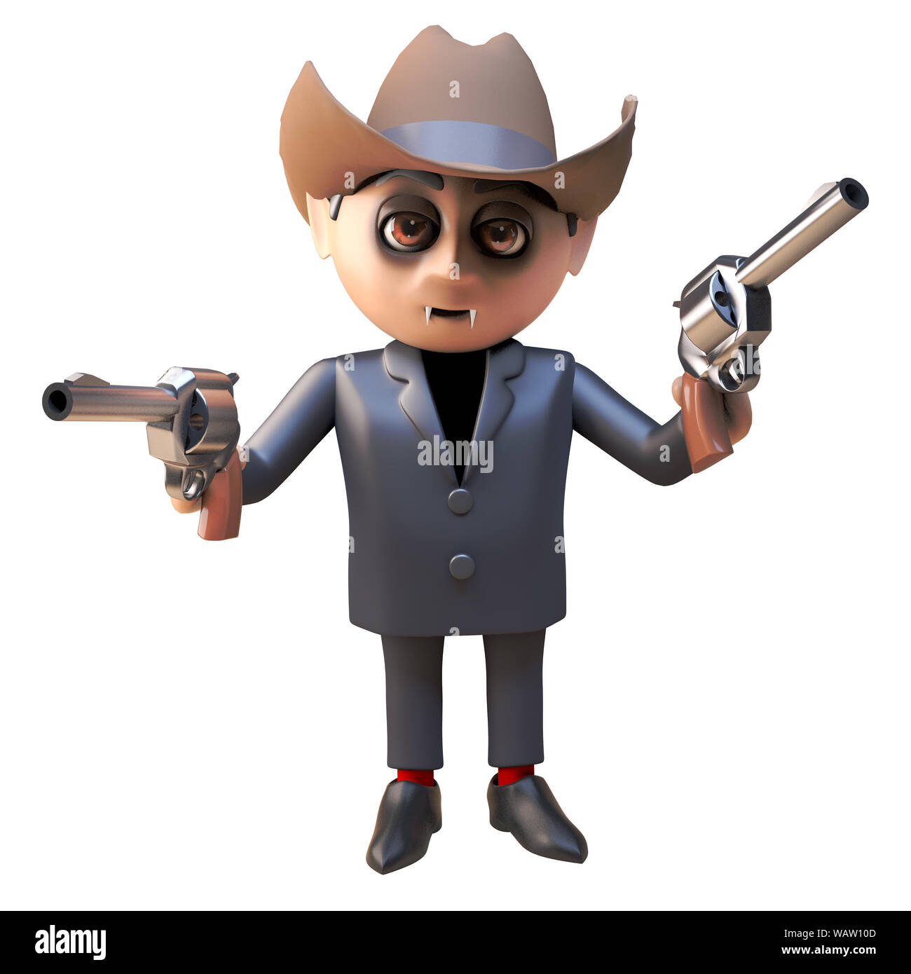 Funny 3D fumetto dracula vampire monster indossando un cowboy stetson e puntando i suoi cannoni, 3D render illustrazione Foto Stock