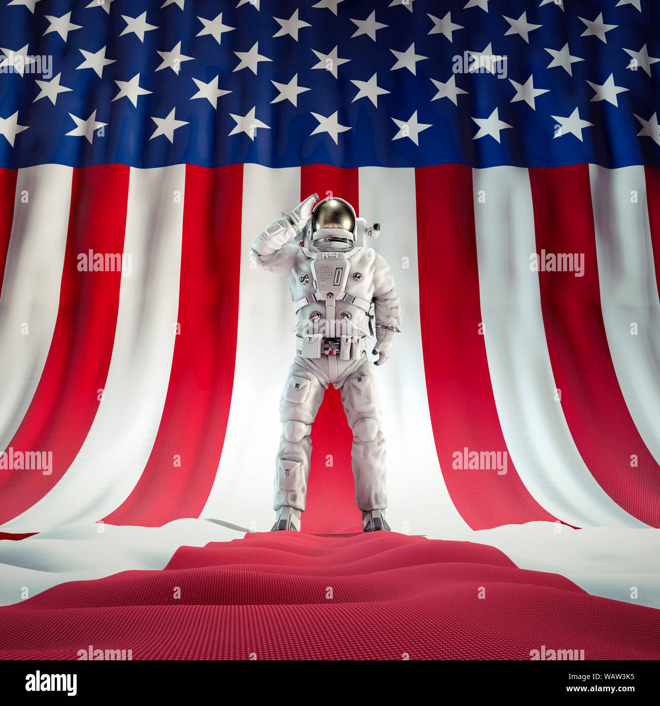 American hero astronauta / 3D illustrazione di fantascienza scena con astronauta salutando bandiera degli Stati Uniti Foto Stock