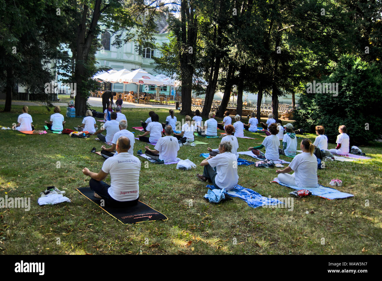 Di Zrenjanin, Serbia, giu 17, 2017. Un gruppo di persone stanno meditando nel parco in onore del World Yoga giorno. Foto Stock