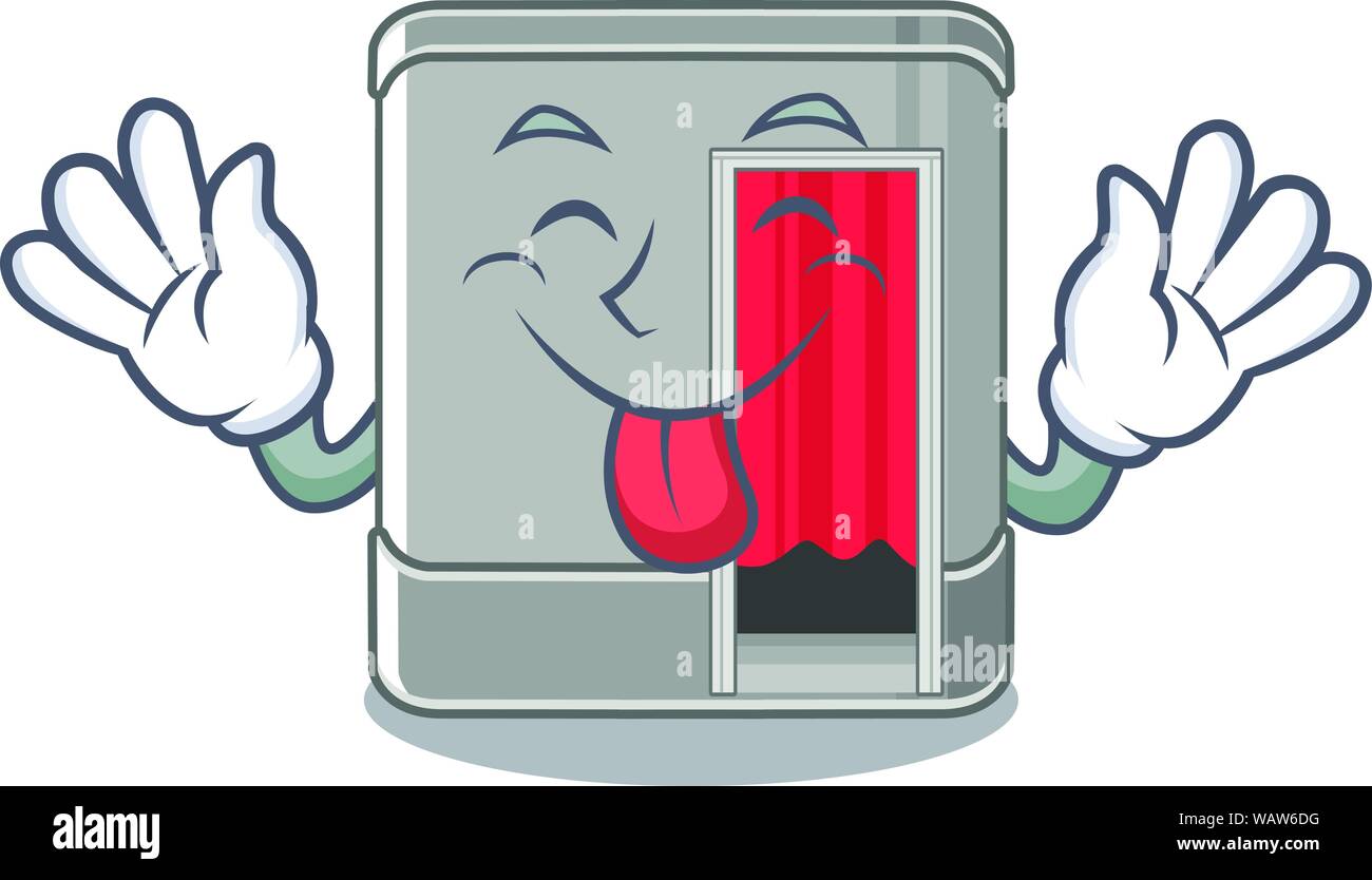 Con la lingua fuori Photo Booth accanto alla tabella mascotte Illustrazione Vettoriale