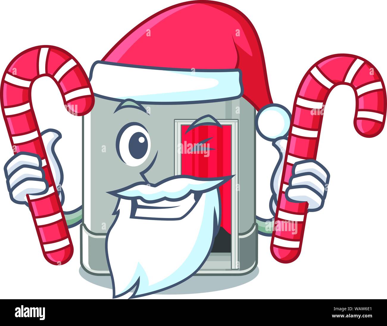 Santa con la caramella Photo Booth accanto alla tabella mascotte Illustrazione Vettoriale