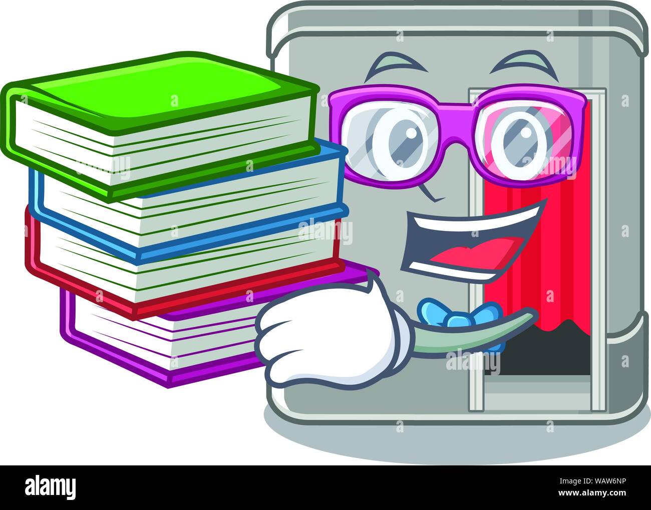 Studente con libro Photo Booth accanto alla tabella mascotte Illustrazione Vettoriale