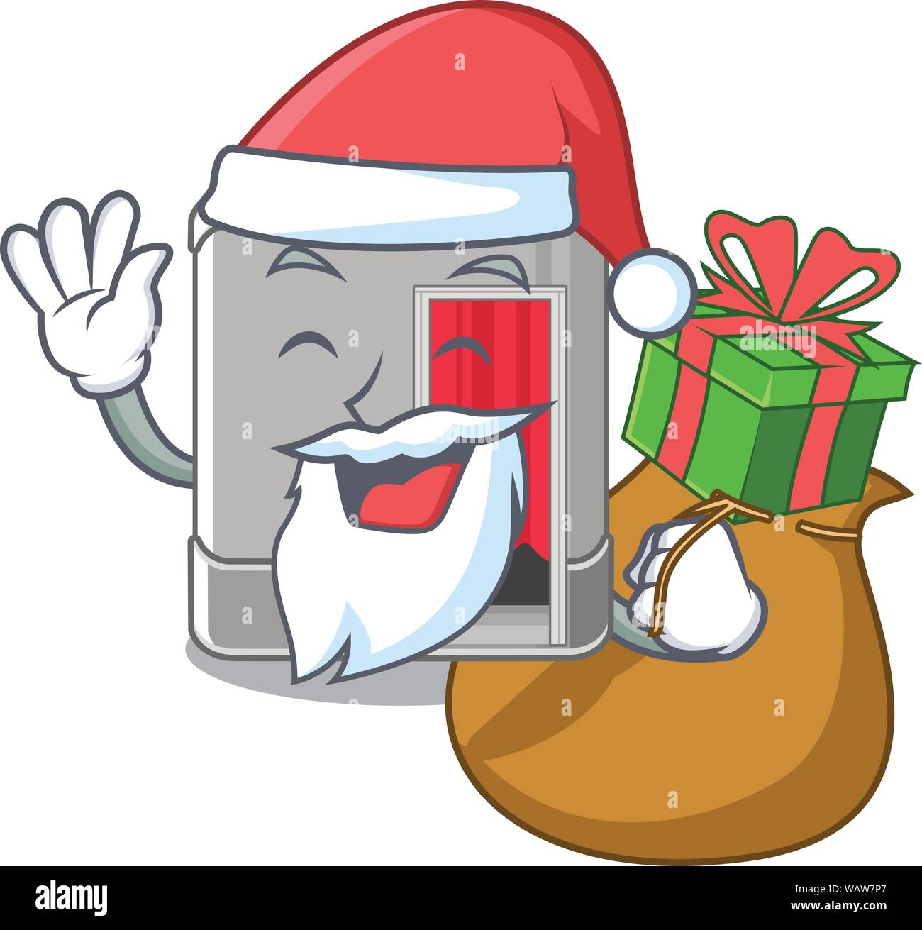 Santa con dono Photo Booth accanto alla tabella mascotte Illustrazione Vettoriale