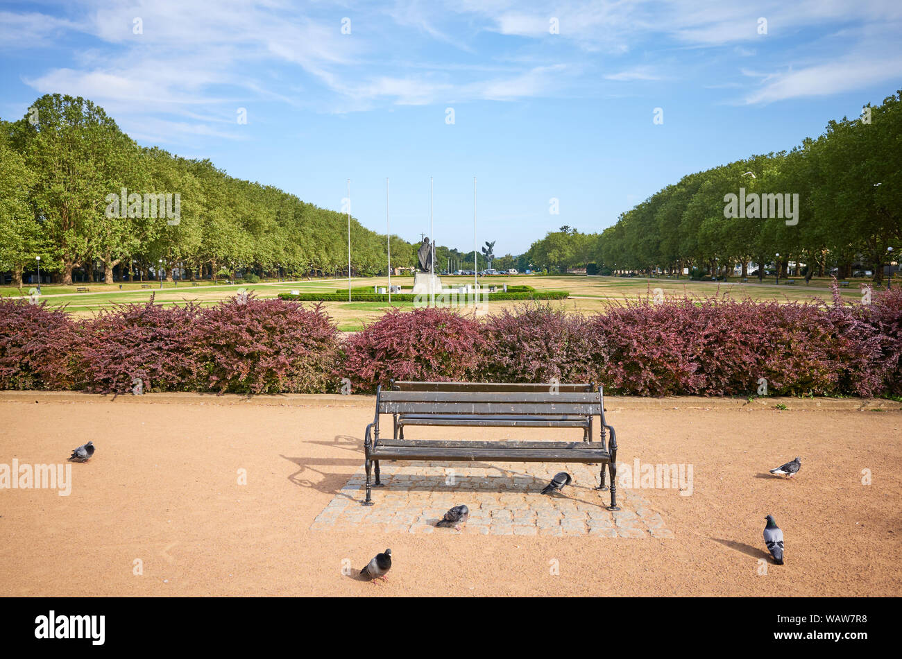 Un banco vuoto in Jasne Blonia park di Szczecin, Polonia. Foto Stock