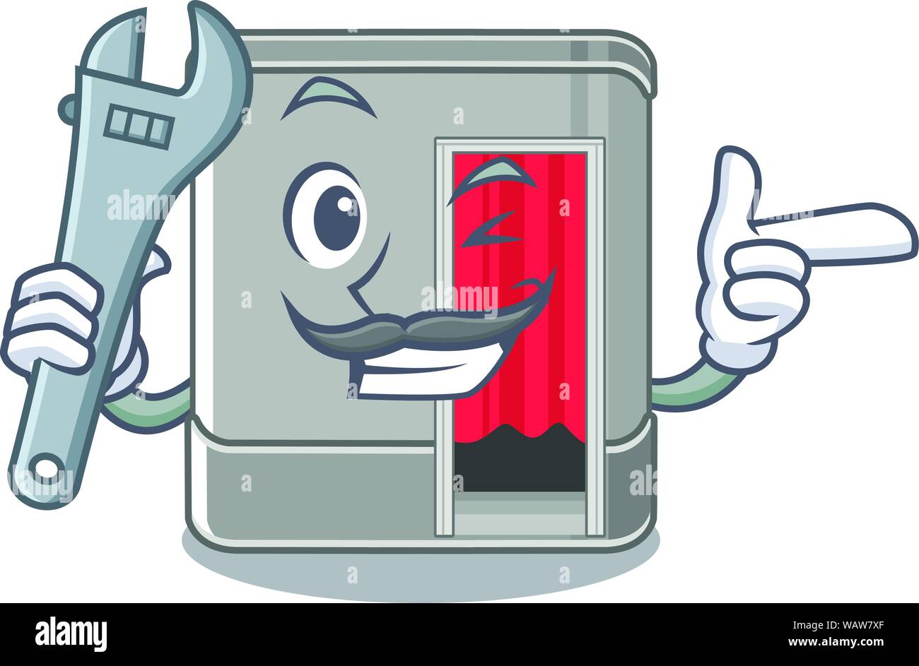 Mechanic Photo Booth accanto alla tabella mascotte Illustrazione Vettoriale