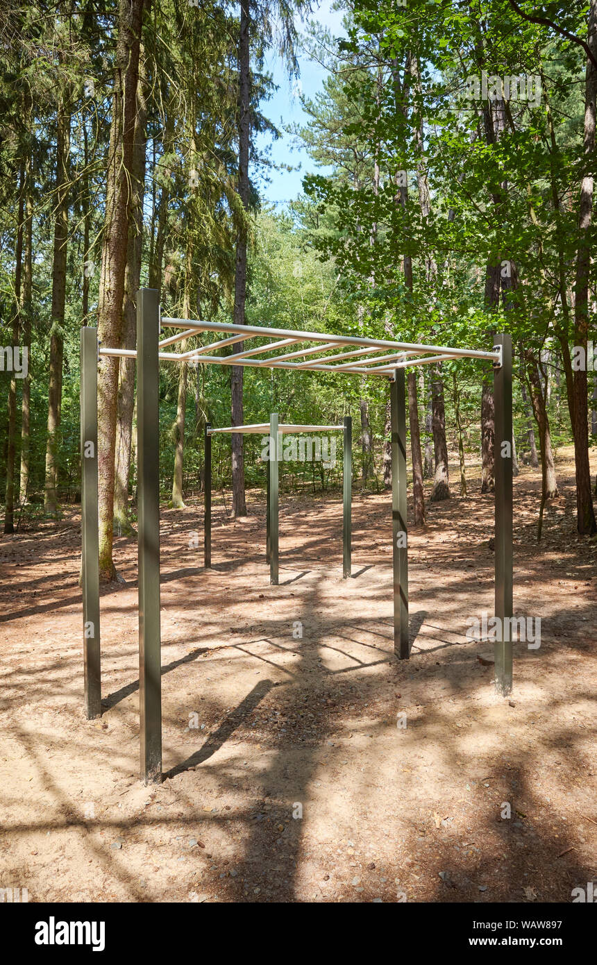 Tirare in alto le barre in una foresta, outdoor attrezzature da palestra. Foto Stock