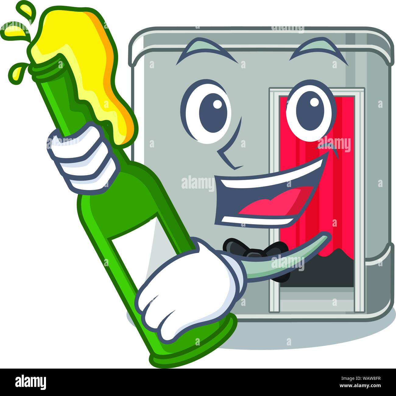Con la birra Photo Booth accanto alla tabella mascotte Illustrazione Vettoriale