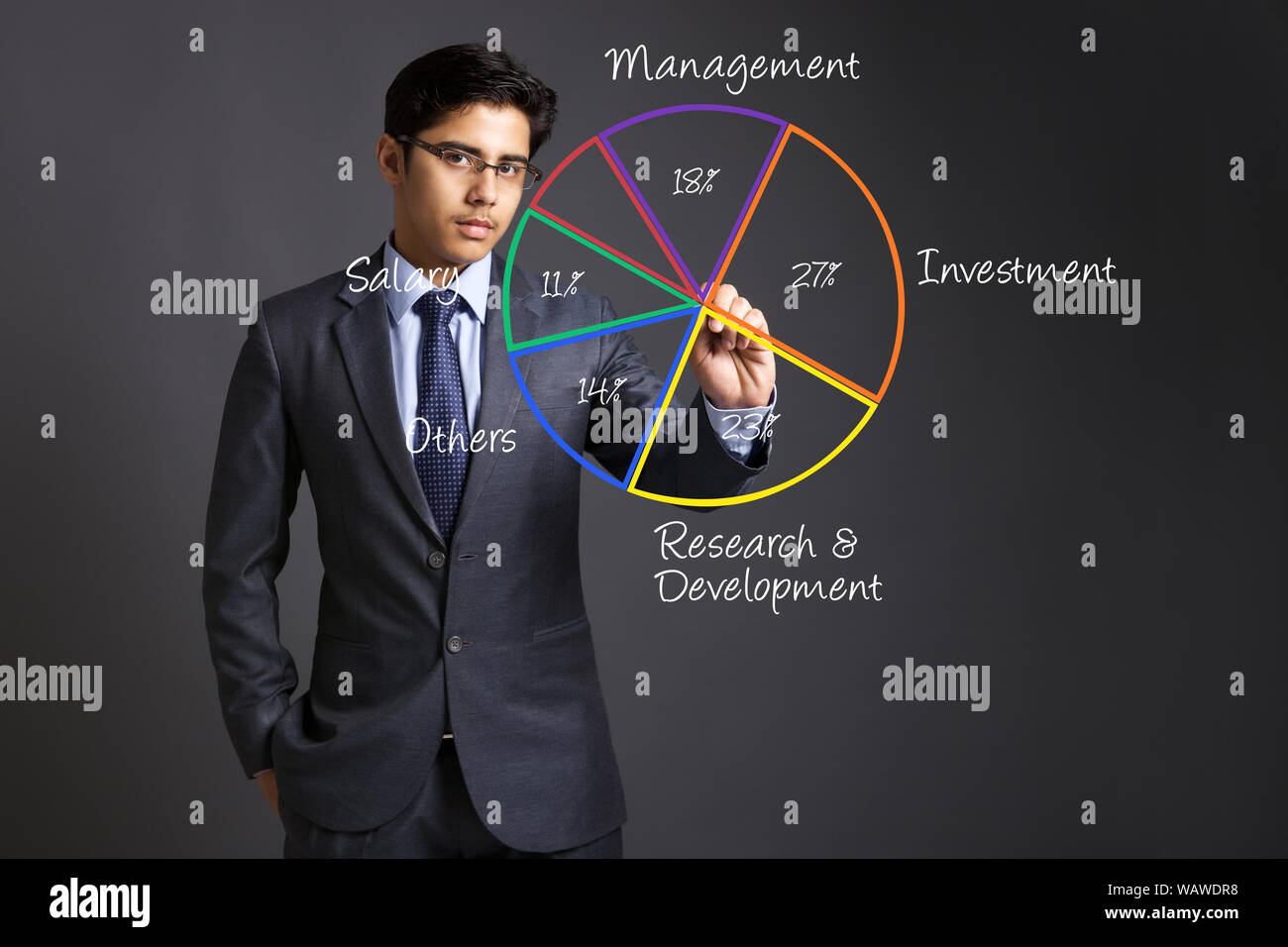 Giovane uomo d'affari che tocca un grafico a torta su un touch screen Foto Stock