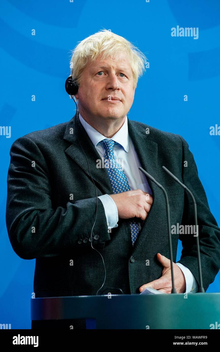 Berlino, Deutschland. 21 Ago, 2019. 21.08.2019, il Primo Ministro del Regno Unito, Boris Johnson dal conservatore e Partito unionista visitando la Cancelleria di Berlino. Il politico britannico era venuto a negoziare con il cancelliere su Brexit. Discorso alla conferenza stampa congiunta al leggio. | Utilizzo di credito in tutto il mondo: dpa/Alamy Live News Foto Stock