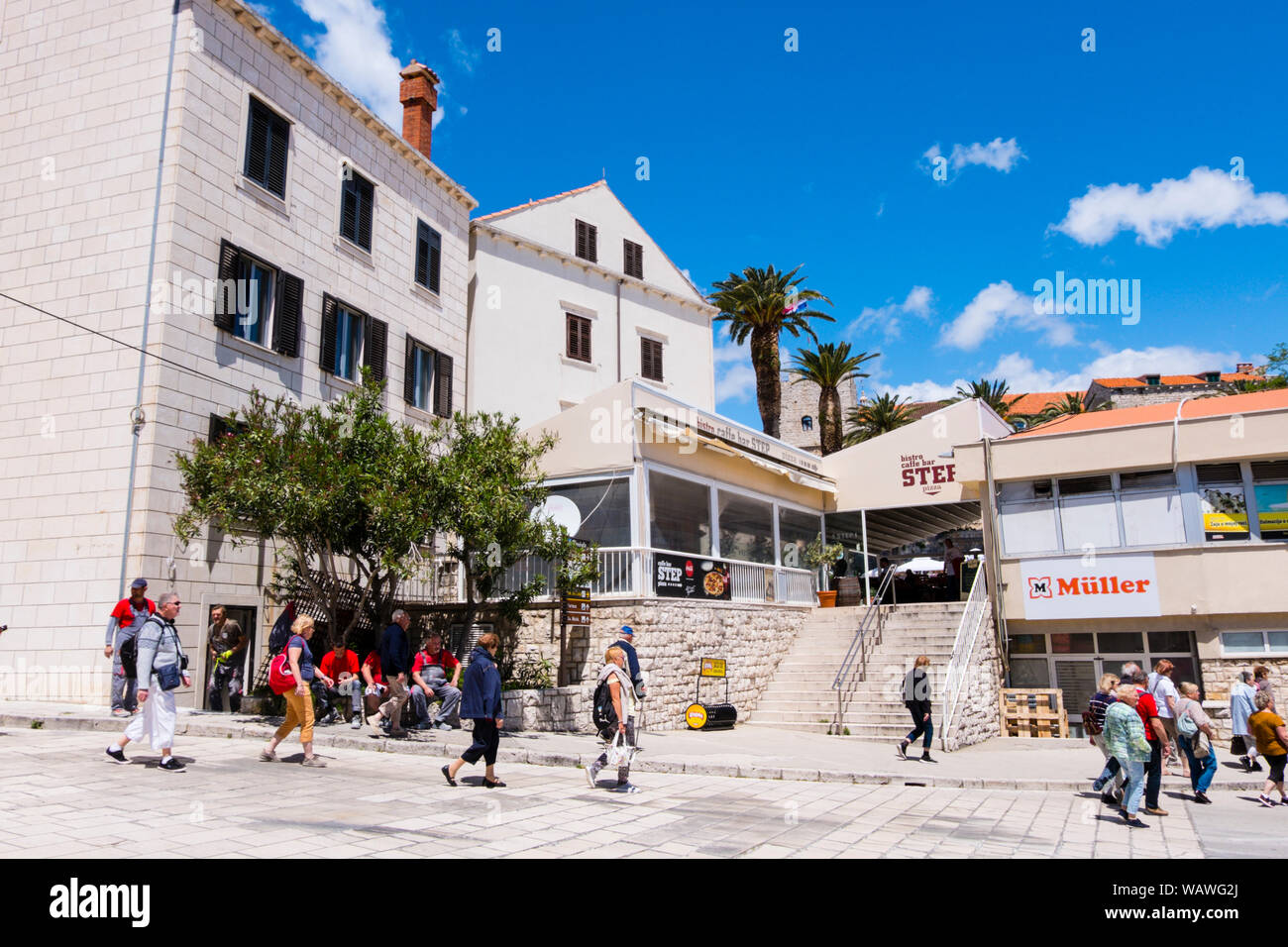 Trg Kralja Tomislava, la città di Korcula, Isola di Korcula, Dalmazia, Croazia Foto Stock