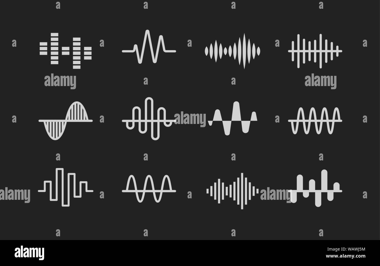 Loghi sonori. Serie di musica, radio, cardio wave icone bianche, moderno vettore set del logo su sfondo nero. Illustrazione Vettoriale